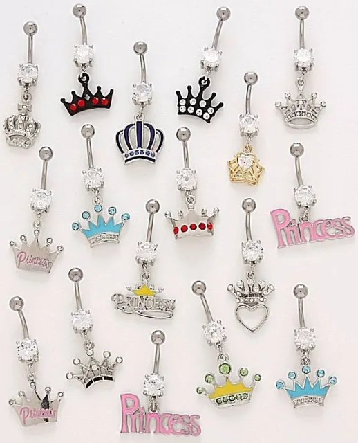 10 CZ Dangle Belly Button Rings Princess Crown 14g Wholesale Gem Jewelry Navel