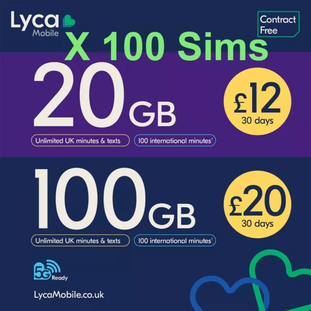 100x carta SIM mobile Lyca Regno Unito Pay As You Go all'ingrosso bulk joblot SMS gratuito