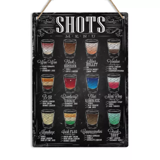 SHOTS MENU Cocktail Recipe Retro Metal Wall Sign Plaque Kitchen Bar Pub Man Cave