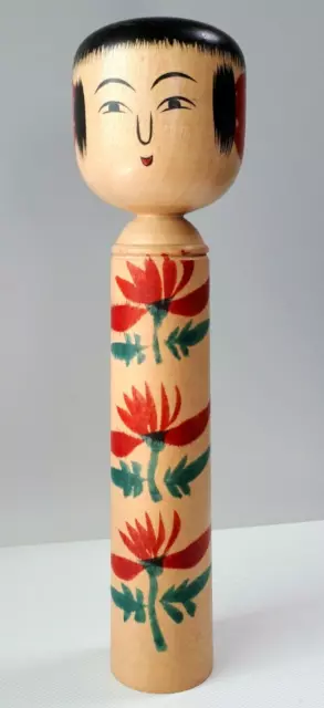 23cm Japanese Traditional Kokeshi Doll Beautiful Red Flowers  Signed Vintage VGC