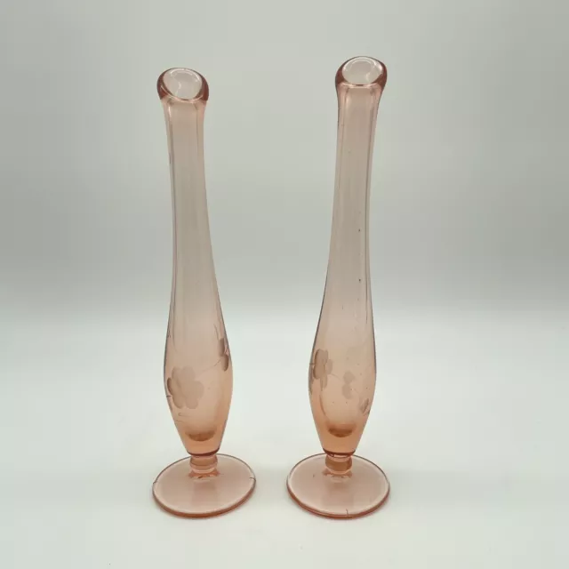 VTG Pair of Pink Small Bud Depression Glass Swung Vases Etched Flowers