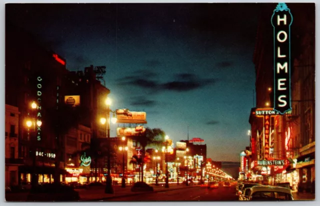 Postcard La New Orleans Canal Street at Night Godchauxs Suttons Fairyland Holmes