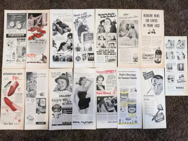 Vintage print ads. Life magazine in 1950's 15 half page lot.  Fun ads