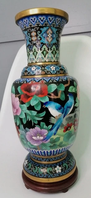 Vase Cloisonné Chinois Décor Oiseaux Et Fleurs Polychrome - Très Bon état, Décoration Asiatique Vintage