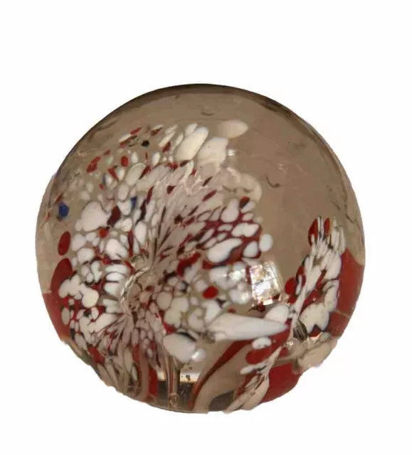 Vintage Glass Paperweight Clear w/ Bubbles Red and White Flowers 4th Of July