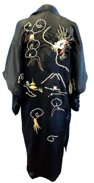 Vintage Japanese Kimono Robe Black Embroidered Gold Dragon Scene Mountain Temple