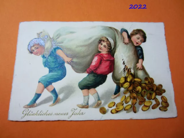AK Neujahr 1920er-Jahre Kinder Geldsack Münzen Geld Glückwunsch