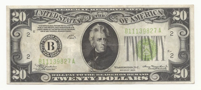1934 $20 Dollar Bill Federal Reserve Note FRN New York Lime Green Seal 827A-KNM