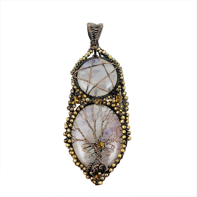Rainbow Moonstone Tree Of Life And Star And Wire Wrapped Pendant Copper 4.13