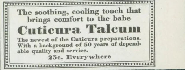 1928 Cuticura Talcum Baby Soothing Cooling Touch Comfort Vintage Print Ad PR3