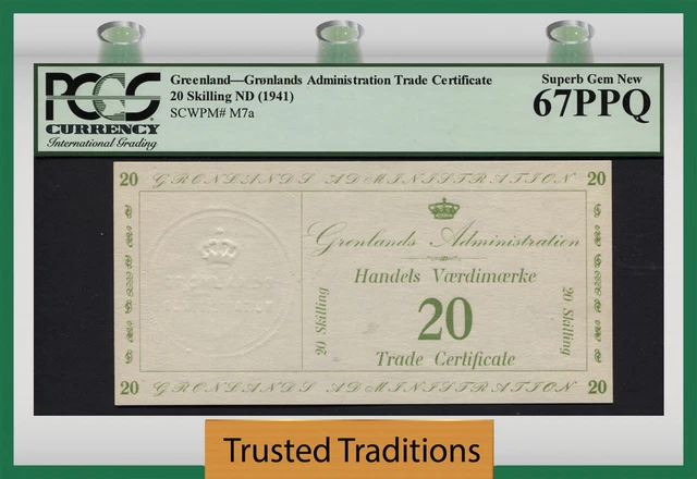 TT PK M7a 1941 GREENLAND 20 SKILLING MILITARY ISSUE PCGS 67 PPQ FINEST KNOWN