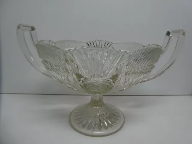 Vintage Pressed Twin Handle Art Glass Comport Fruit Bowl Serving Centre Piece