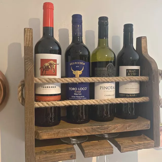 Wall Mounted Handmade Rustic 2-4 Glass/4 Bottle Wine/Spirits Bar Shelf