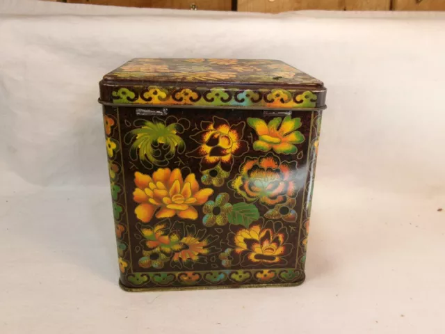 Vintage Designed by Daher Square Black Floral Decorative Tin ~ Made in England