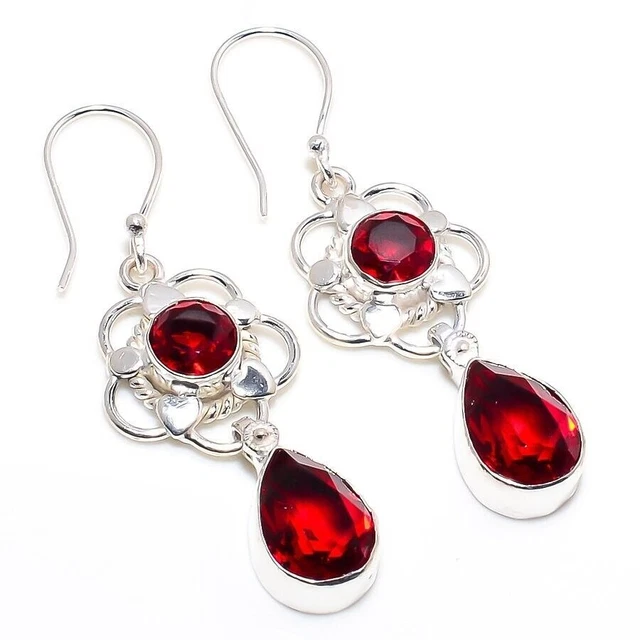 Mozambique Grenat Gemstone Handmade 925 Starling Silver Jewelry Earring Sz 1.50"