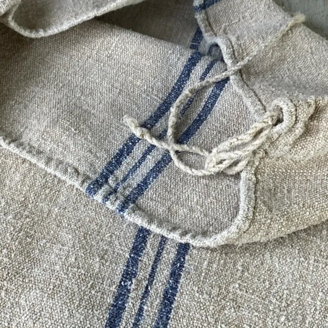 GRAINSACK GRAIN SACK fabric linen homespun European GRAY BLUE stripe bag feed