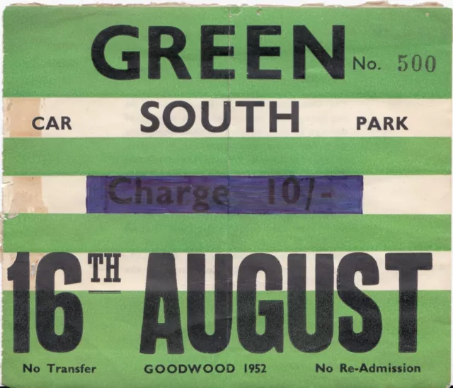 1952 Goodwood 9 Nine Hours Green South Car Park Pass Ticket Aston Martin Db3