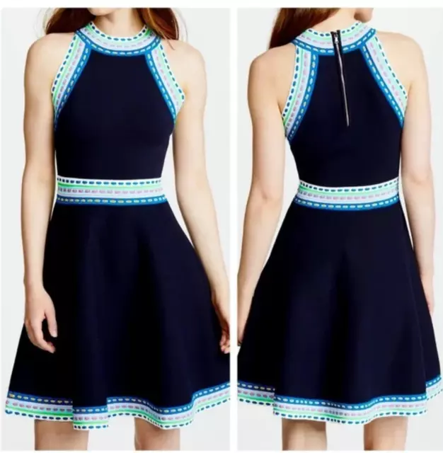 $450 Milly Woven Multicolor Trim Fit Flare Navy Dress Halter Neck Size P 0-2