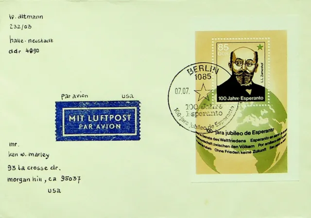 Germany 1989 85 Ddr100 Years Esperanto Berlin On Airmail Cover To Usa