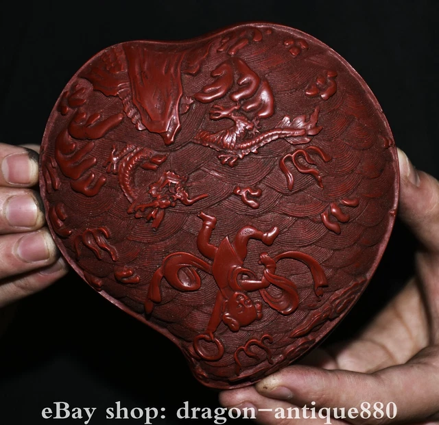 5” Old Chinese Red Lacquerware Carving Nezha Dragon heart-shaped Jewelry Box