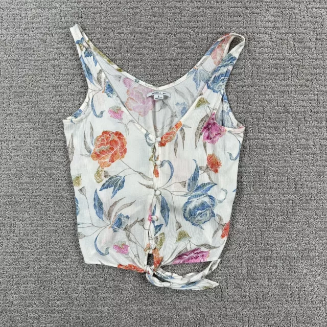 Oneill Shirt Small S Ivory Floral Print Tank Top Tie Front Button Up Womens