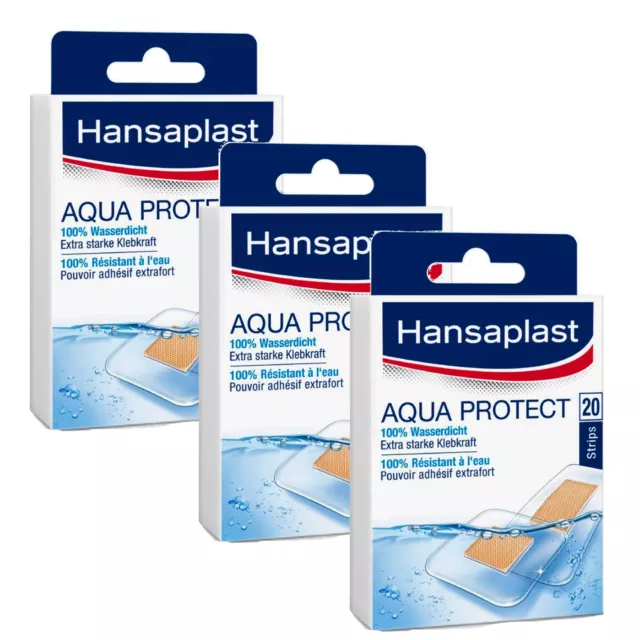 3x 20 Hansaplast Aqua Protection Bandes 100% Étanche Extra Fort Force Adhésive