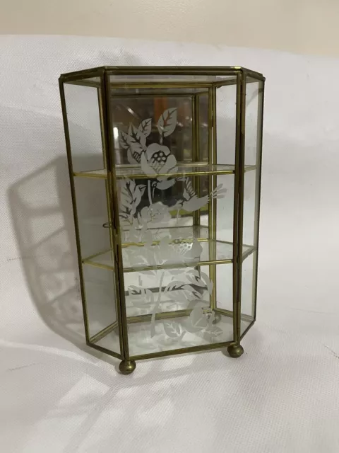 Brass & Glass Mini Curio Cabinet  Jewelry Trinket 3 Panel Display Vintage