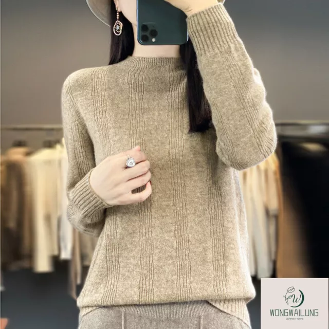 High Neck Knit Womens Winter 100 % Wool Cashmere Knitwears Pullover Top Sweaters