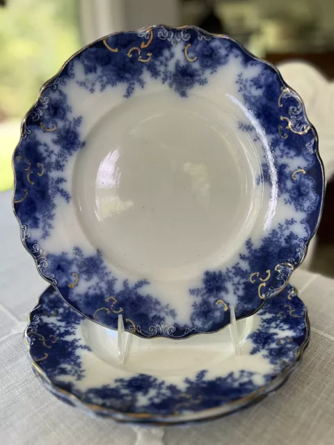 3 Antique Till & Sons Flow Blue ‘Navy’ Pattern 10” Dinner Plate Scallop Gold