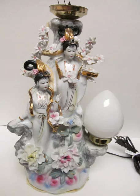 Vintage Chinese Oriental Japan Geisha Table Lamp Porcelain Floral 16" Electric