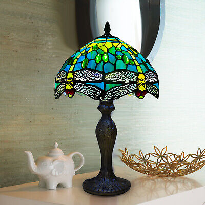 Tiffany Table Lamp 10 inch Green Dragonfly Style Stained Glass Shade Multicolor
