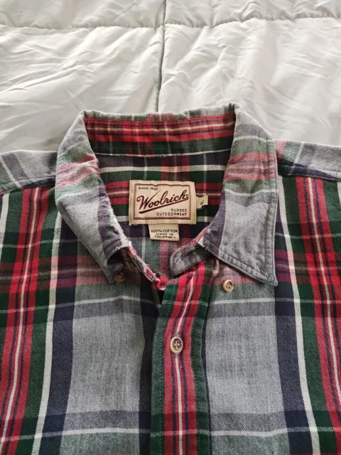 Woolrich Plaid Flannel Button Up Shirt Red Grey XL Cotton Mens Long Sleeve