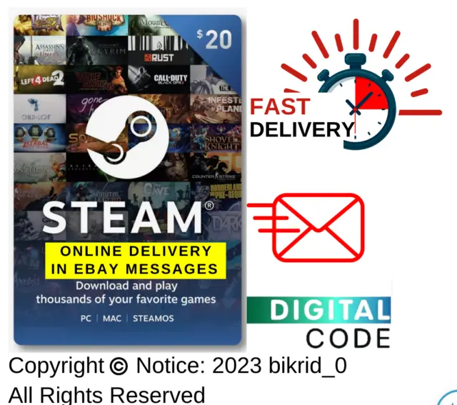 STEAM Game Card 20 Dollars Steam Gift Card DIGITALLY Delivered NOW EXPEDITED!