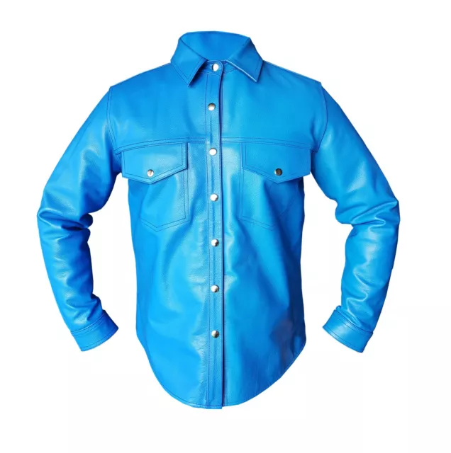 Mens Real Cow Blue Leather Police Uniform Style Full Sleeves Hot Shirt BLUF