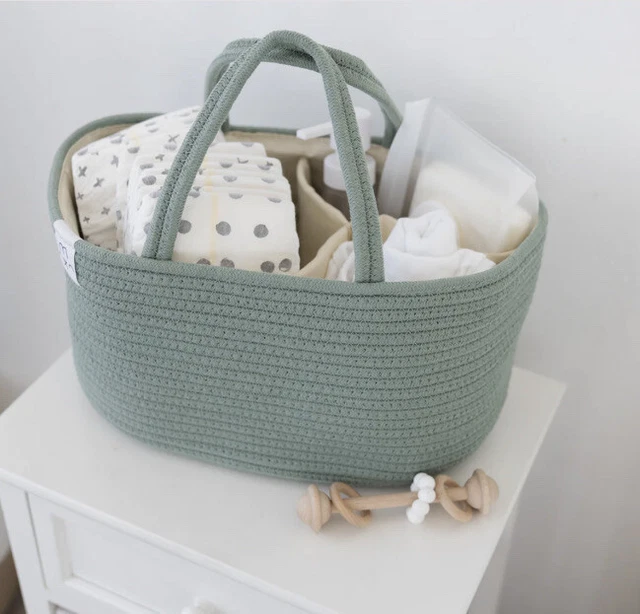 Rope Diaper Caddy Organizer│Mini Portable Nursery Storage Bin Lily Pad Green