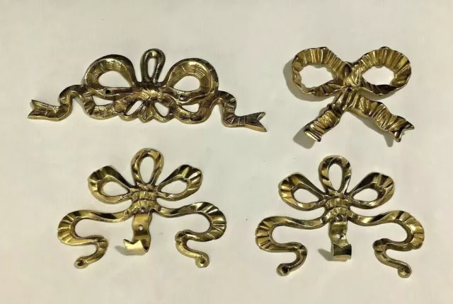 Four Vintage Solid Brass Ribbon Bow and Hooks Wall Decoration