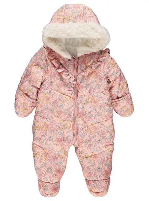 Baby Girls Snowsuit Pink Floral Padded Hooded Coat Ex Uk Store 0M To 24M New