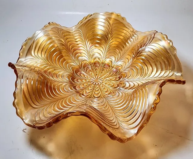 Antique Fenton Peacock Tail Marigold Carnival Glass Bowl Ruffled Edges 7”