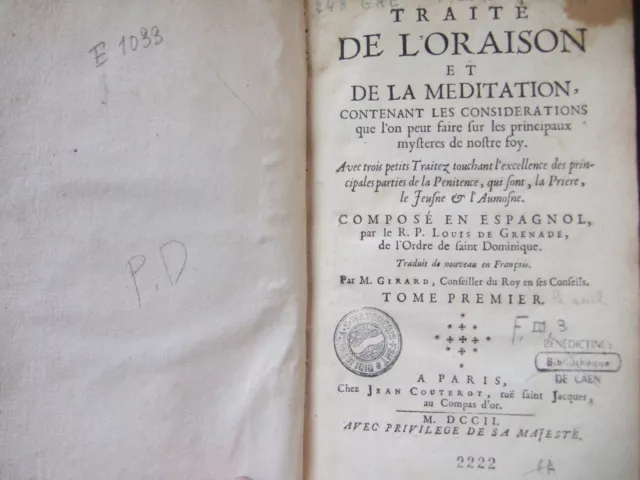 lot livres anciens, 1702, 1 volume, Oraison et Méditation, Composé en Espagnol