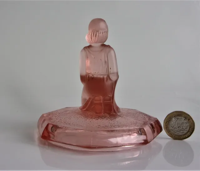 Art Deco Walther & Sohne Pink Glass 3 Graces Figural Powder Bowl Lid 3