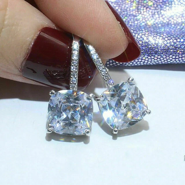3.00 Ct Cushion Cut Moissanite Drop/Dangle Hook Earrings Solid 14k White Gold