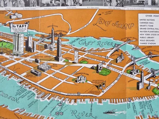 Hotel Taft New York City c. 1940 Cartoon Pictorial Map Manhattan Sightseeing 3