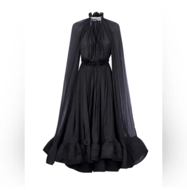 LANVIN Cape-effect tie-detailed ruffled crepe dress FR36 RETAIL $4,510