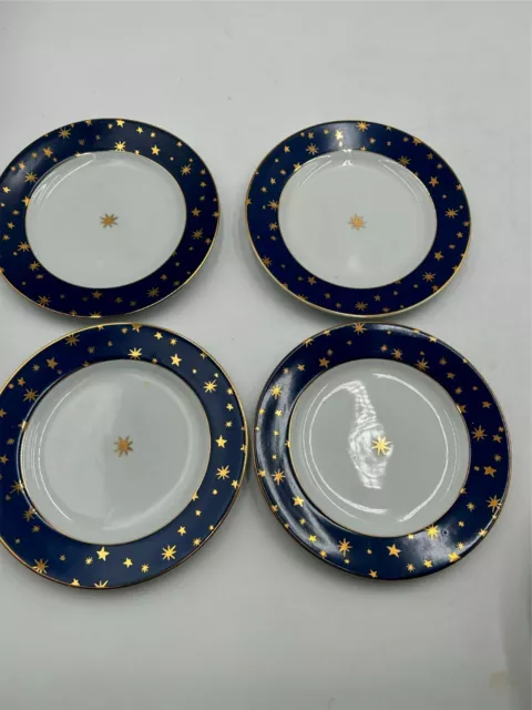 4)  SAKURA  GALAXY  SALAD PLATES  14k GOLD  BLUE RIM  8"  INDONESIA  VGC