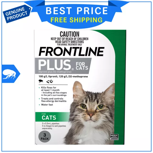 Frontline Plus For Cats Monthly Flea treatment 3 Pipettes GREEN Pack FREE SHIP