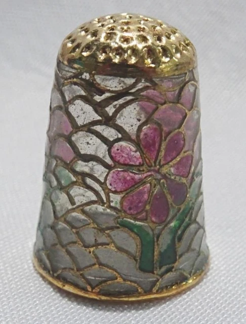 Vintage Thimble Plique a Jour Thimble Flowers Enamel Glass Collectors Brass