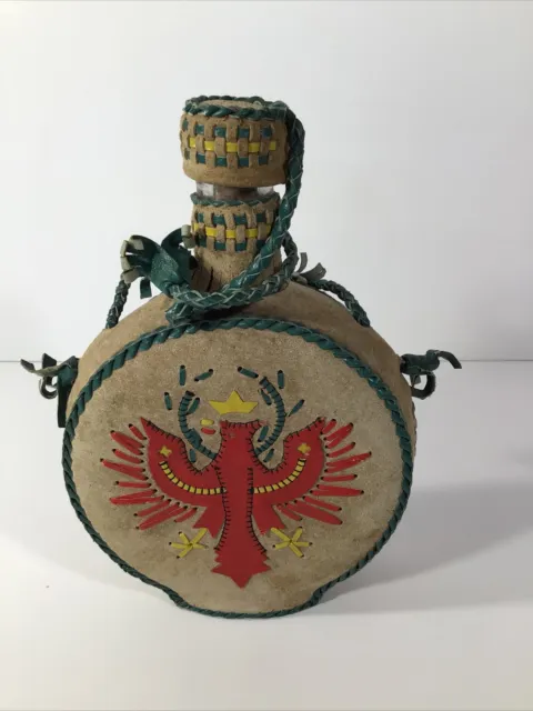 Vintage FOLK ART -Tribal look- Suede covered Glass Flask bottle