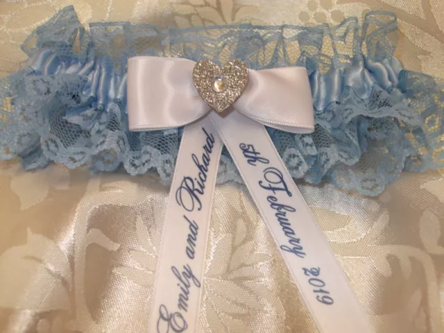 Giarrettiera Da Matrimonio Bianca E Blu Personalizzata Con Cuore