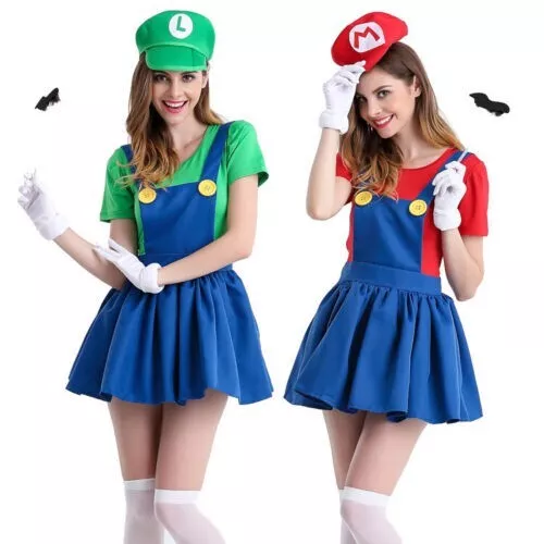 Mario & Luigi Costumes Adult Womens Super Plumber Bros Halloween Fancy Dress New