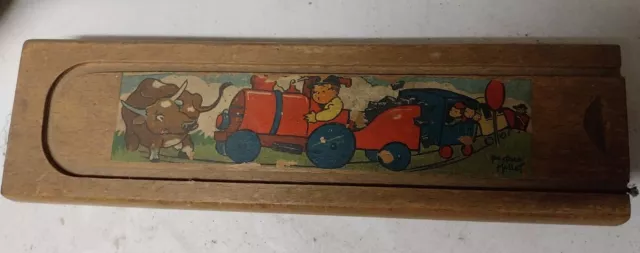 Ancien Plumier plat en bois décor peint, avec 3 compartiments années 50 vintage